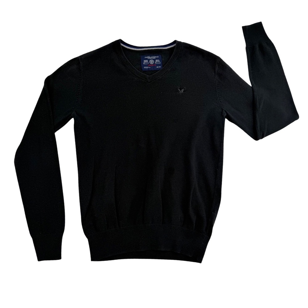 American Eagle Mens XS Black V-Neck Sweater Athletic Fit Dark Academia Preppy‎